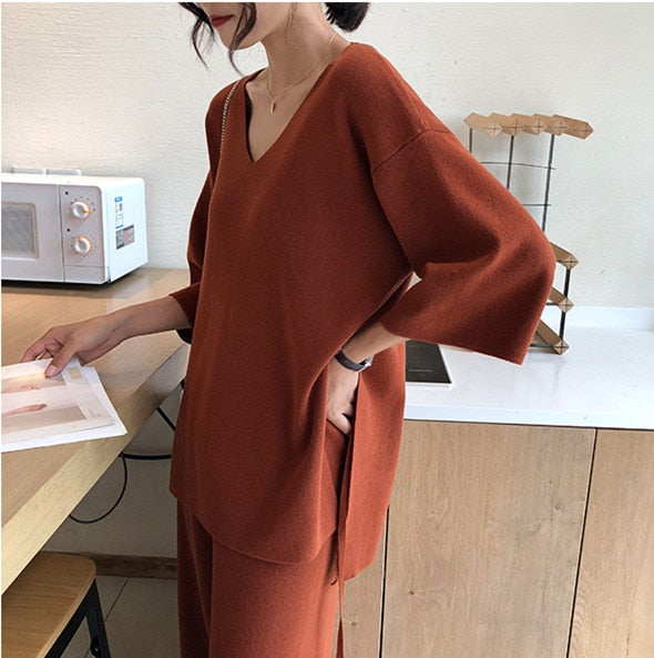 Knitting Female Sweater Pantsuit For Women Two Piece Set Knitted
